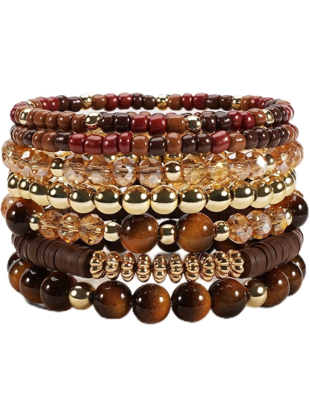 Anthropologie Brown, Gold & Amber Stackable Beaded Bracelet Set